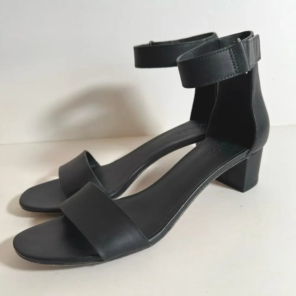 Vince Black Leather Ankle Strap Block Heel Sandals Women 9 Open Toe Dress Shoes